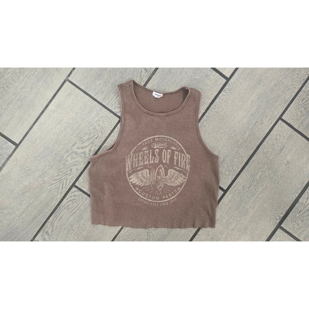 Garage Wheels of Fire Vintage Motorcycle Graphic Ribbed Crop Tank Top Brown L